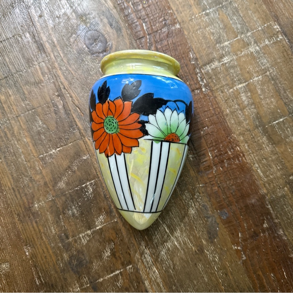Vintage Hand-Painted Floral Ceramic Wall Vase - Blue, Orange, Yellow. Japan